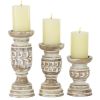 DecMode Country Carved Wood Candle Holder with Light Brown/Whitewashed Finish, Set of 3 6", 8", 10"H